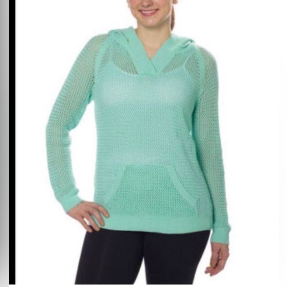 Shirt 469 Open Knit Mesh Stitch Women's Hooded Pullover Sweater Aqua Size L
